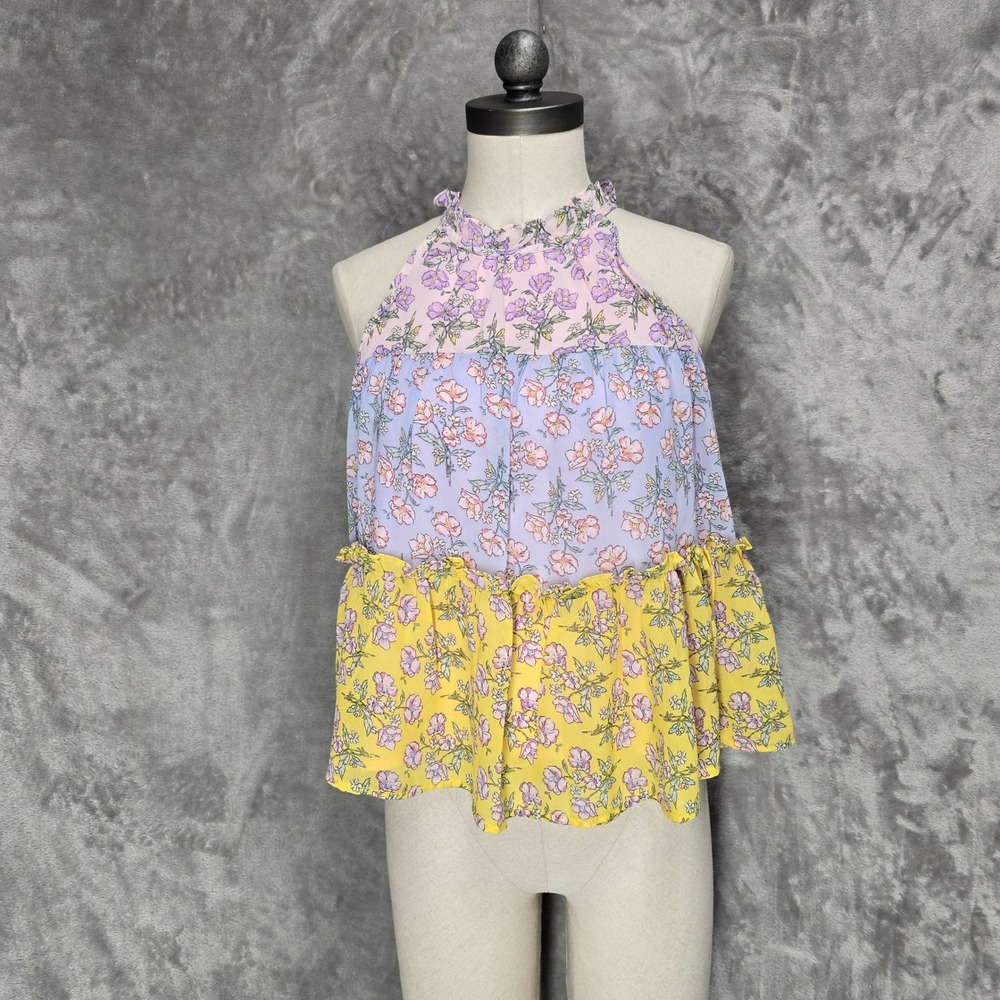 Merci Top Women XS Multicolor Patch Floral Tiered Peplum Cottage Boho Dainty